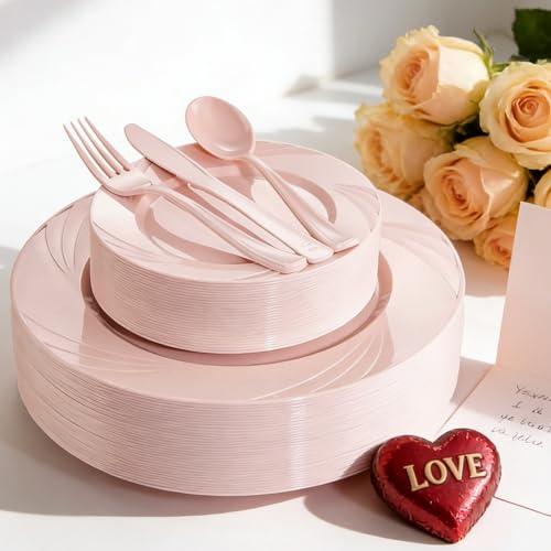 YOUBET 125 PCS Pink Plastic Plates - Light Pink Birthday Plates Include 25 Dinner Plate, 25 Dessert Plate, 75 Silverware for Baby Shower & Birthday Parties Valentines Day