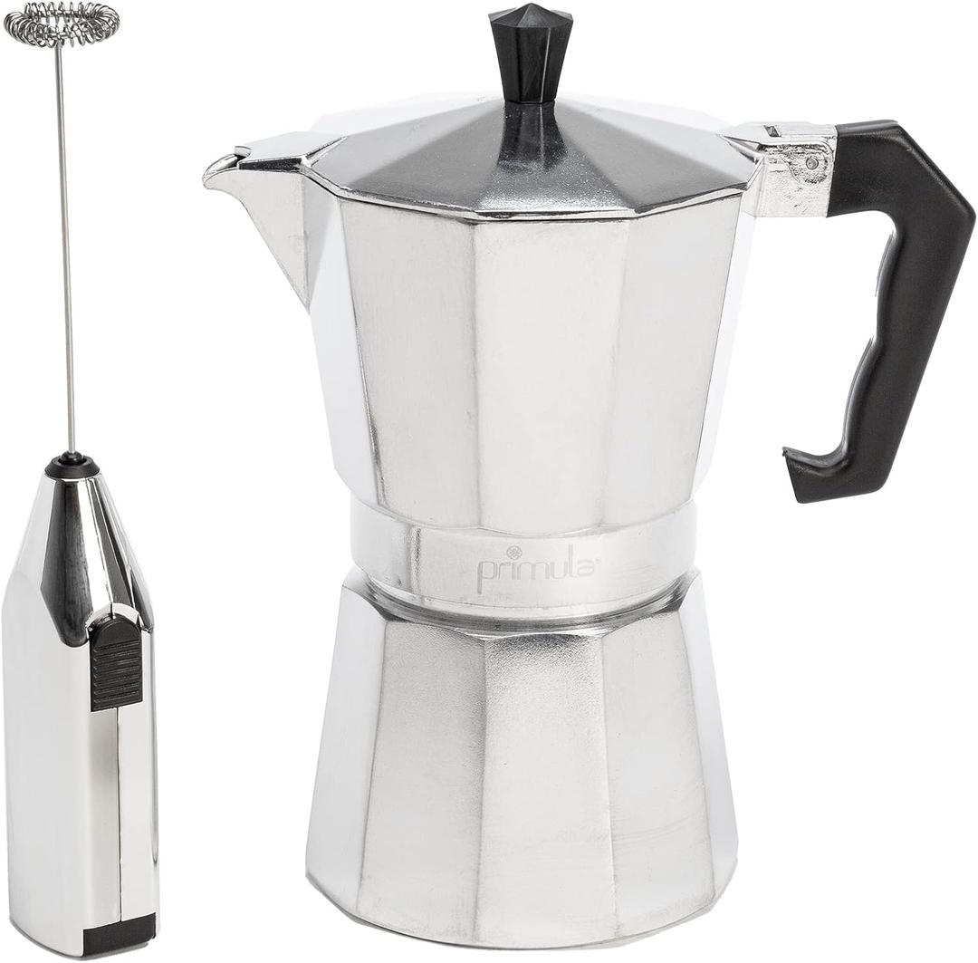 Primula Stovetop Espresso Maker and Handheld Electric Milk Frother Gift Set, Moka Pot for Classic Italian and Cuban Coffee, Cafetera, 6 Espresso Cups, Silver