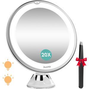 Auxmir 2025 Upgraded 20X Magnifying Mirror with Light, Makeup Mirror with 2-Level Lights, Vanity Mirror with Power Suction Cup and Tweezers, 360 Swivel, Portable Bathroom Mirror for Home Travel