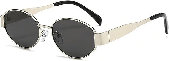 AIEYEZO Retro Oval Sunglasses for Women Fashion Polarized Sun Glasses Oval Metal Frames UV400 Protection Lens (Silver/ Grey)