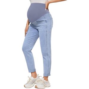 POSHGLAM Women's Maternity Boyfriend Jeans Over Belly Stretch Comfy Loose Casual Denim Pants with Pockets for Everyday Wear(Seam Light Blue, XX-Large)