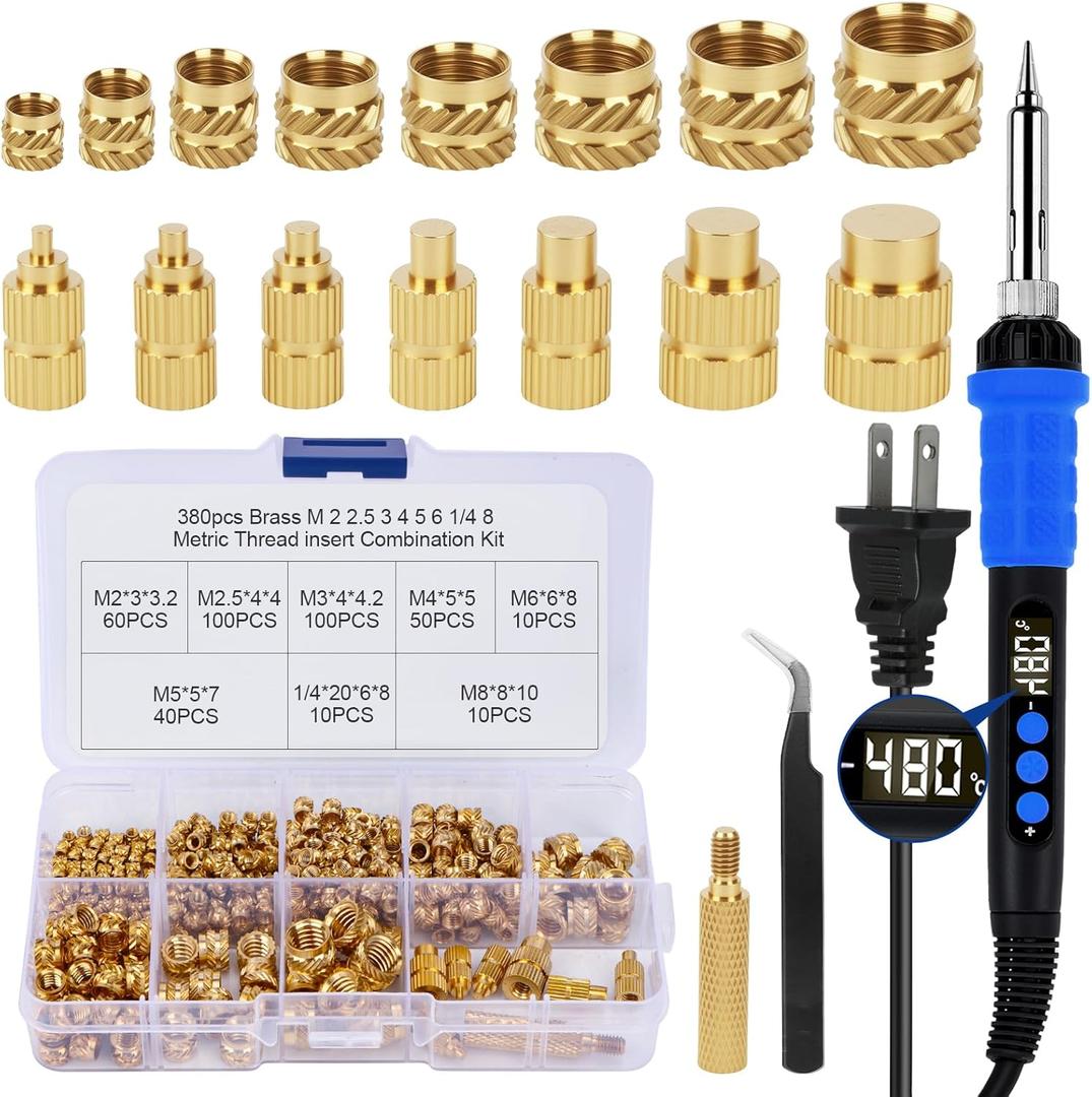 390PCS Soldering Iron Heat Set Insert Tool,90W Digital Soldering Iron with 380 PCS Threaded Inserts Nut,6PCS Heat Set Insert Tips,2PCS Soldering Tip Connecting Rods (390PCS)