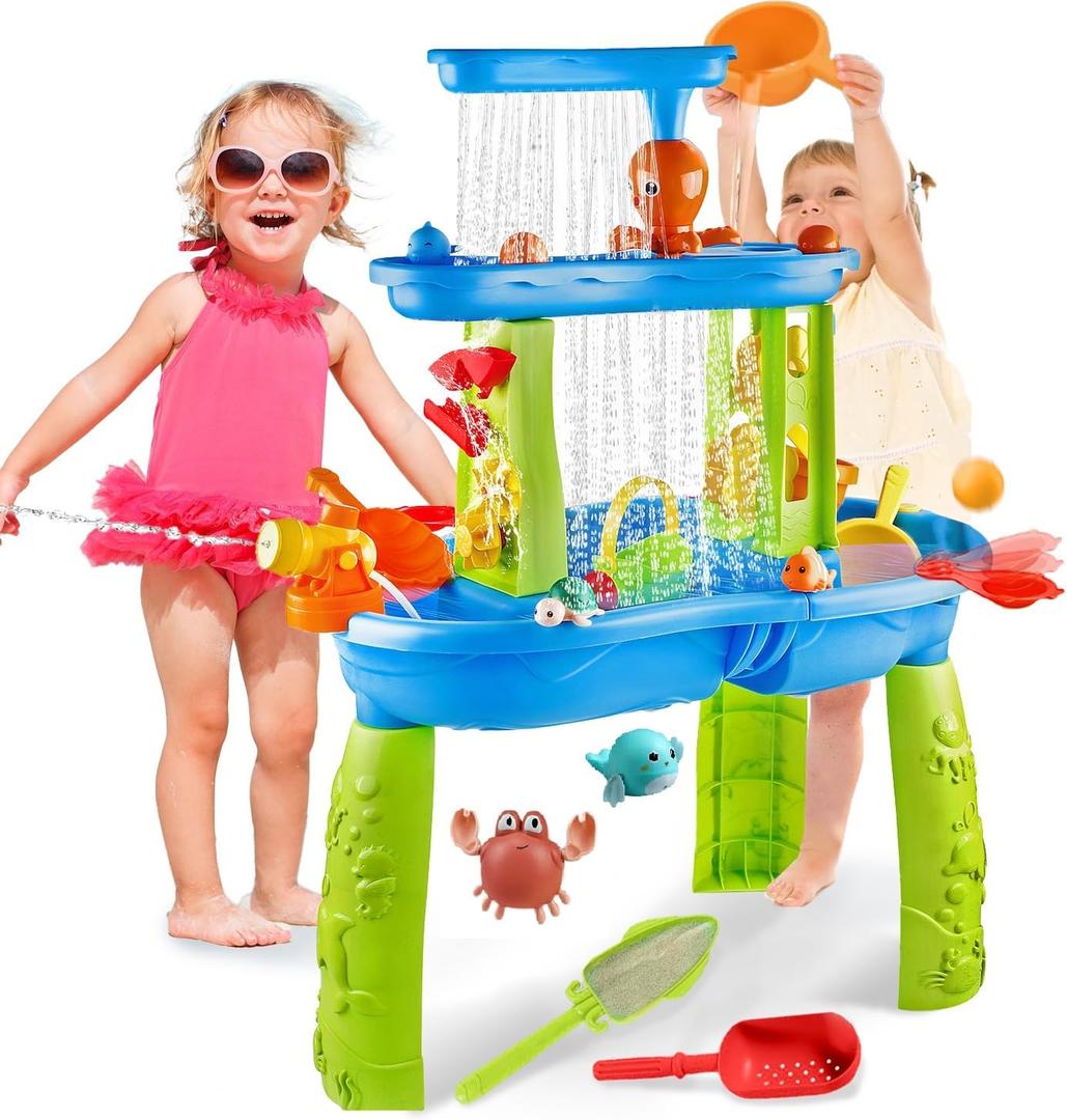 Water Table for Toddlers 1-3, 3-Tier Kids Water Table, Water Tables for Toddlers 3-5 Features Swimming Crabs & Dolphins, Rain Showers Splash Pond, Activity Sensory Play Table for Boys Girls