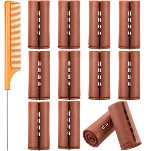 12 Pieces Large Hair Perm Rods Set Cold Wave Rods Plastic Hair Curling Rollers with Stainless Steel Rat Tail Comb Pintail Comb for Hairdressing Styling Tools(1.57 Inch,Brown)