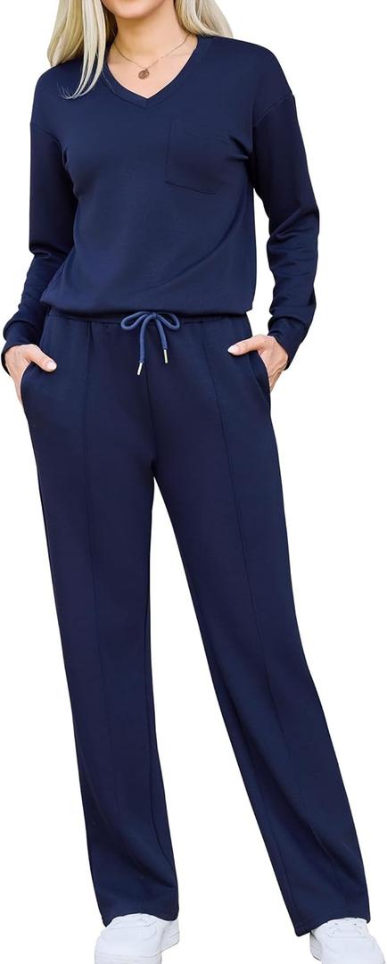 Difficort Women's 2 Piece Lounge Sets Casual Travel Airport Outfits Side Slit V-Neck Tops & Wide Leg Pants Matching Set (Medium)