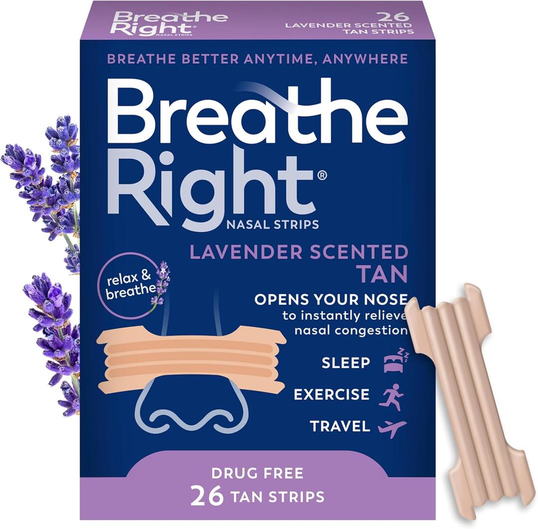 Breathe Right Nasal Strips Lavender Scent Extra Strength Tan Nasal Strips Help Stop Snoring Drug-Free Snoring Solution & Nasal Congestion Relief Caused By Colds & Allergies, 26 Count