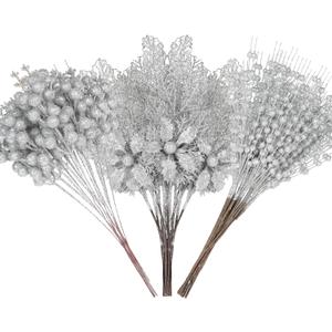 Alupssuc 24 Pcs 3 Styles Glitter Christmas Tree Picks and Holly Berry Stems Christmas Decorations Set, Poinsettia Flowers Artificial for Xmas Tree Ornaments or Party Wreath Fireplace, Silver