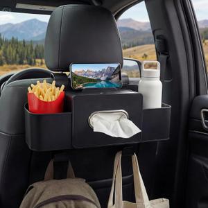 Backseat Car Organizer, 4 in 1 Multifunctional Car Back Seat Storage Organizer with Tissue Box, 2 Cup Holders, Phone Stand and Hooks, Automotive Seat Back Organizers (Black)