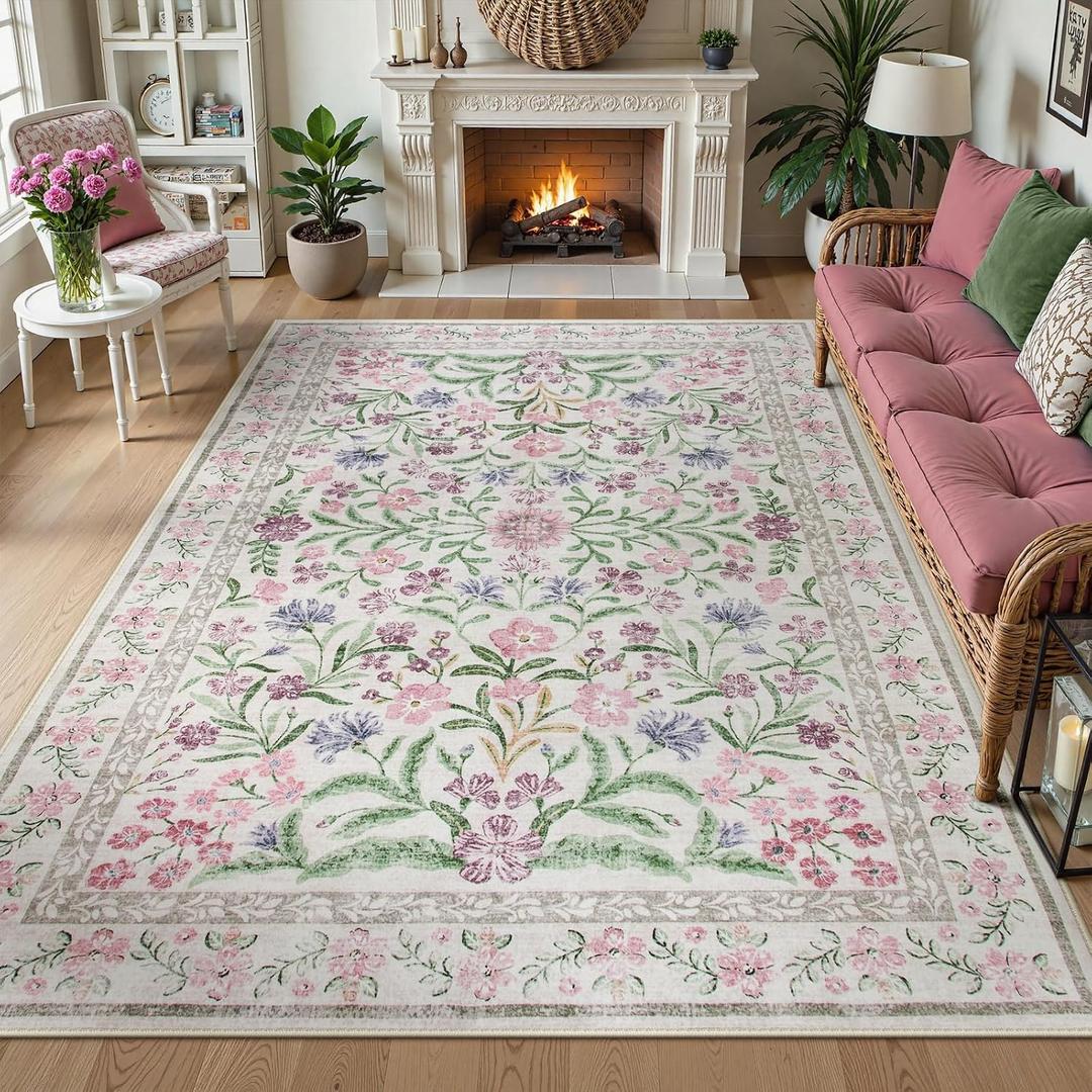 Wonnitar Boho Floral Area Rug 6x9, Washable Purple Rugs for Bedroom Girls, Non Slip Ultra-Thin Soft Indoor Baby Carpet for Nursery Dorm Kids Room Living Room, Light Purple/Pink