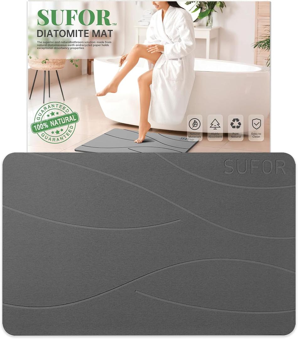32"x20" Stone Bath Mat, Diatomaceous Earth Shower Mat, Non-Slip Super Absorbent Quick Drying Bathroom Floor Mat, Natural, Easy to Clean (Dark Grey)
