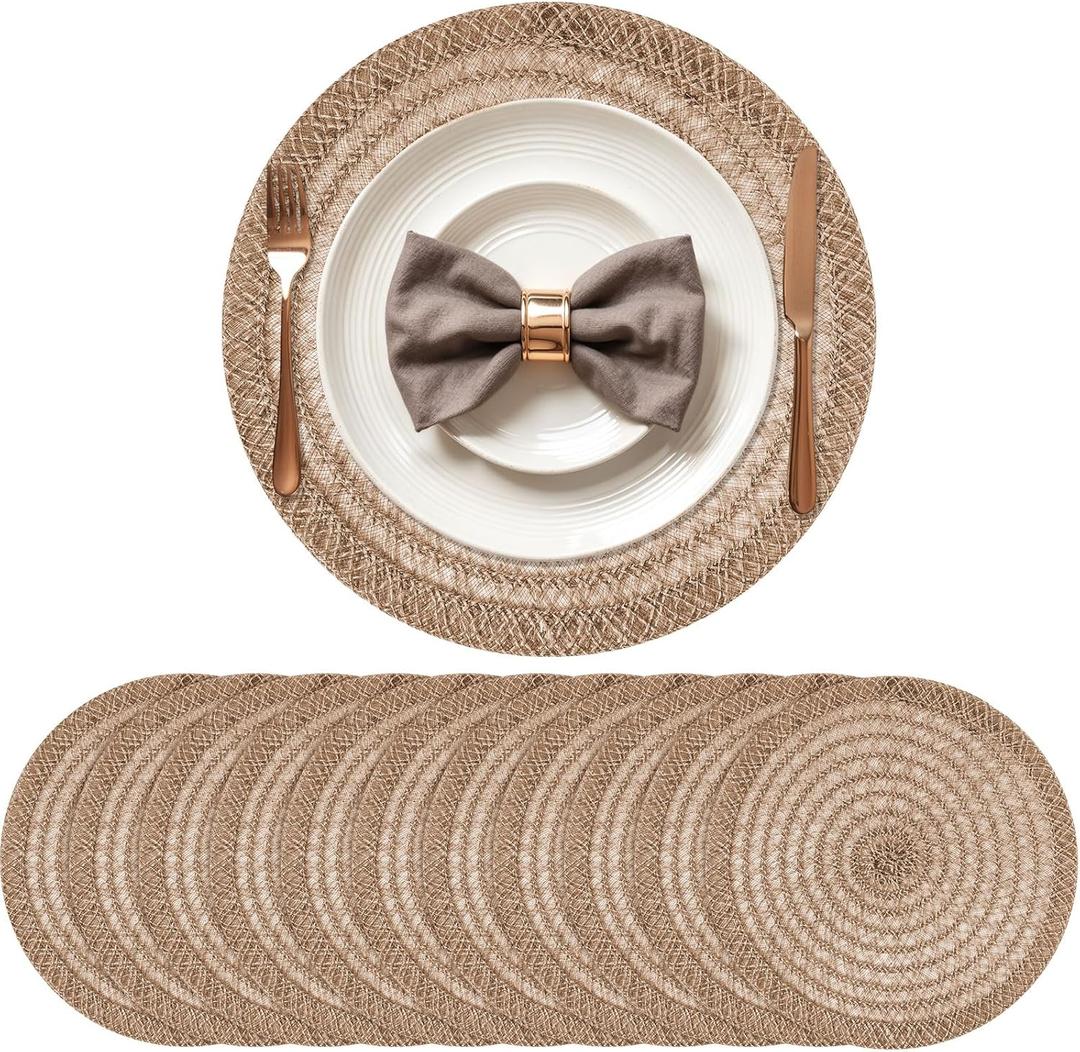 12 Set 15 Inch Round Burlap Placemat Boho Jute Woven Charger Bulk Rustic Vintage Natural Brown Heat Resistant Dining Table Mat for Wedding Farmhouse Home Kitchen Easter Summer Party Decoration (Fresh)