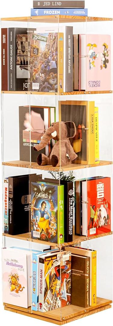 Rotating Bookshelf, 360 Degree Revolving Bookcase, 4-Tier Spinning Bookshelf, Clear Acrylic & Solid Wood Rotating Bookcase for Kids Playroom, Bedroom and Living Room, Square 48"x24"