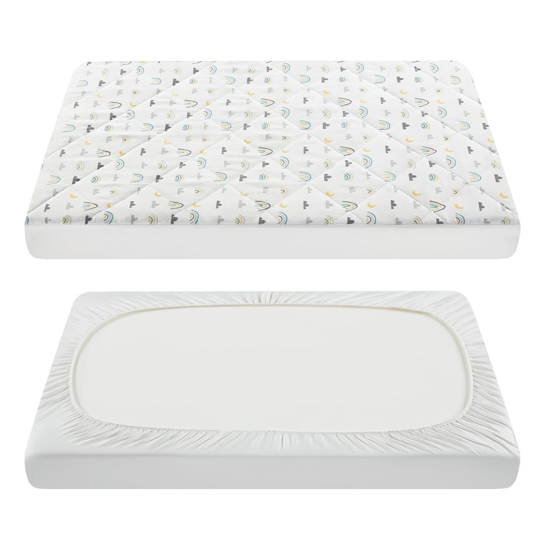 TILLYOU Pack and Play Sheet - Soft Quilted Crib Cover Pad, Toddlers Mattress Protector with 1''-3'' Deep Pocket, Thick Play Yard Playpen Sheets, Crib Mattress Pad 39"x27", Raindrop