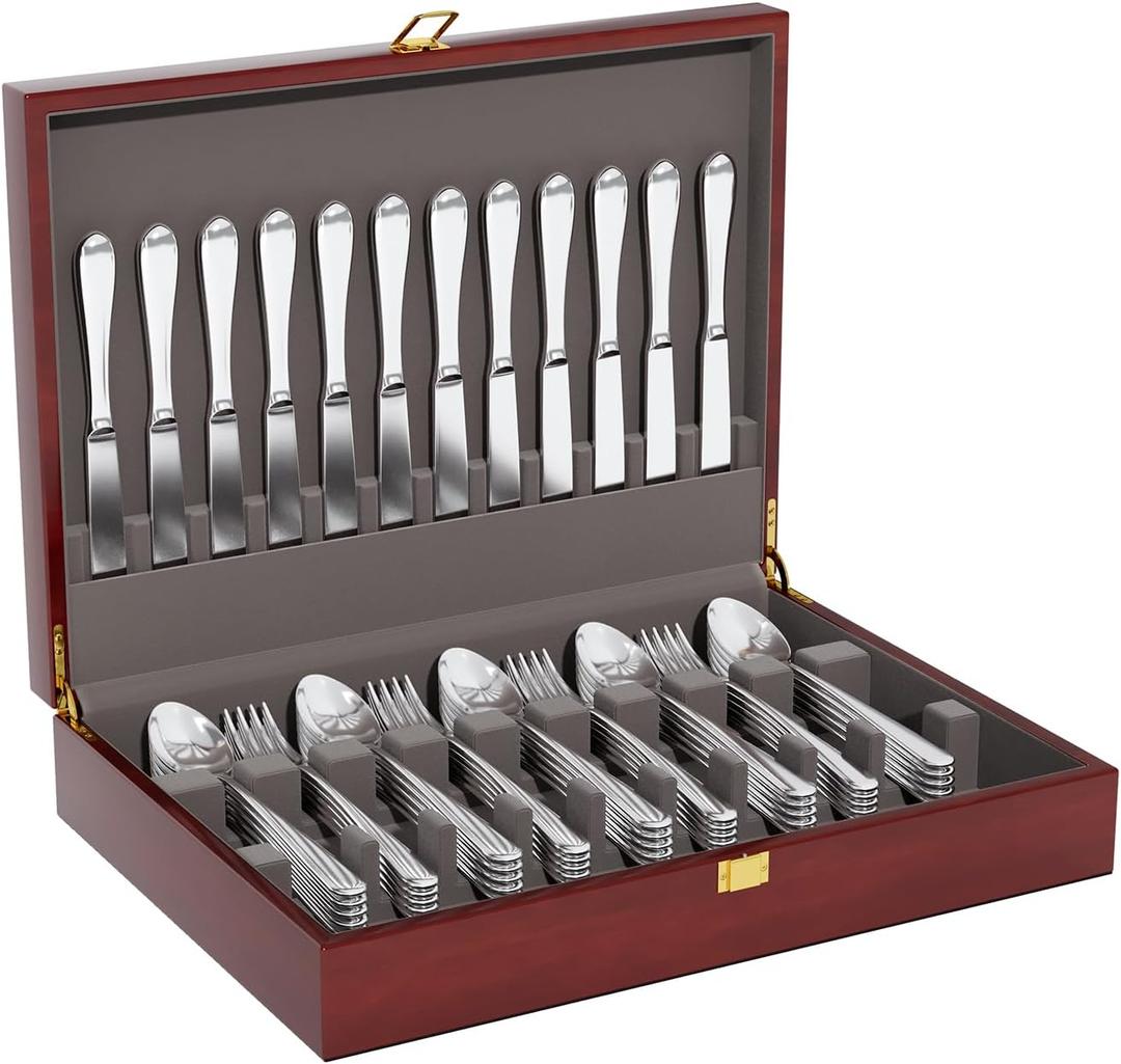 Mahogany Wood Silverware Storage Box,Silverware Case Flatware Chest with Felt Lined,Flatware Storage Box for 12 sets of Utensils,Silverware Chest without Silverware,Silverware Organizer with Lid (Walnut)