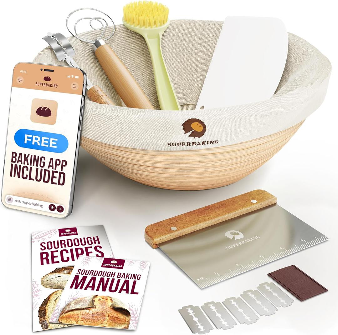 Superbaking Banneton Bread Proofing Basket, Sourdough Bread Baking Supplies, Round 9 Inch Sourdough Starter Kit, Proofing Basket for Baking, Bread Making Supplies Tools, Banneton Basket Gift Set