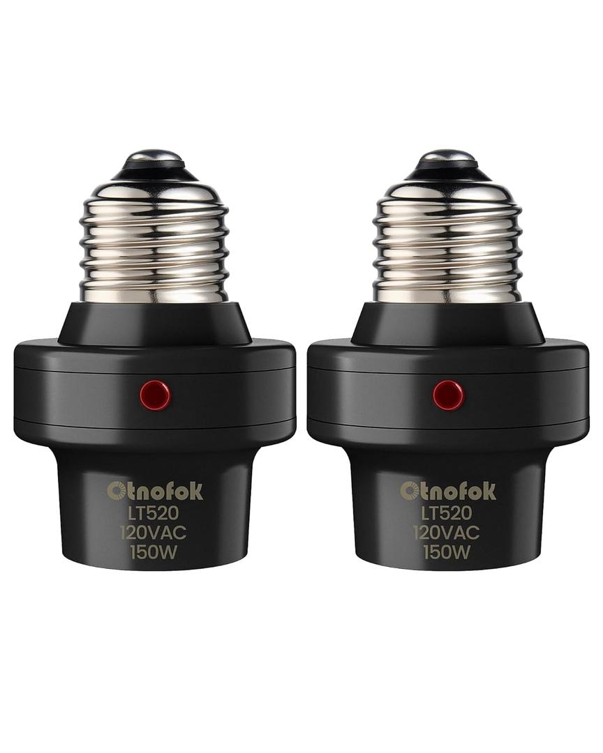 Light Sensor Socket, E26/E27 Light Bulb Socket, Automatic Dusk to Dawn Photocell Sensor with 300 Adjustable Angle for Outdoor Lighting in Porch, Garage, and Wall Lights, Black, 2 Pack