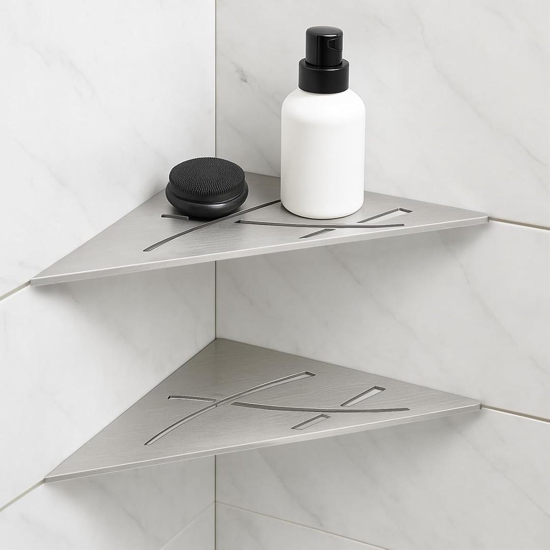 Teenyyou 2 Pcs Brushed Nickel Corner Shower Shelf 8-1/4'' Triangle 316 Stainless Steel Bathroom Corner Shelf for Tiled Wall, No Drilling, 3/32'' Thick Anchoring Tabs