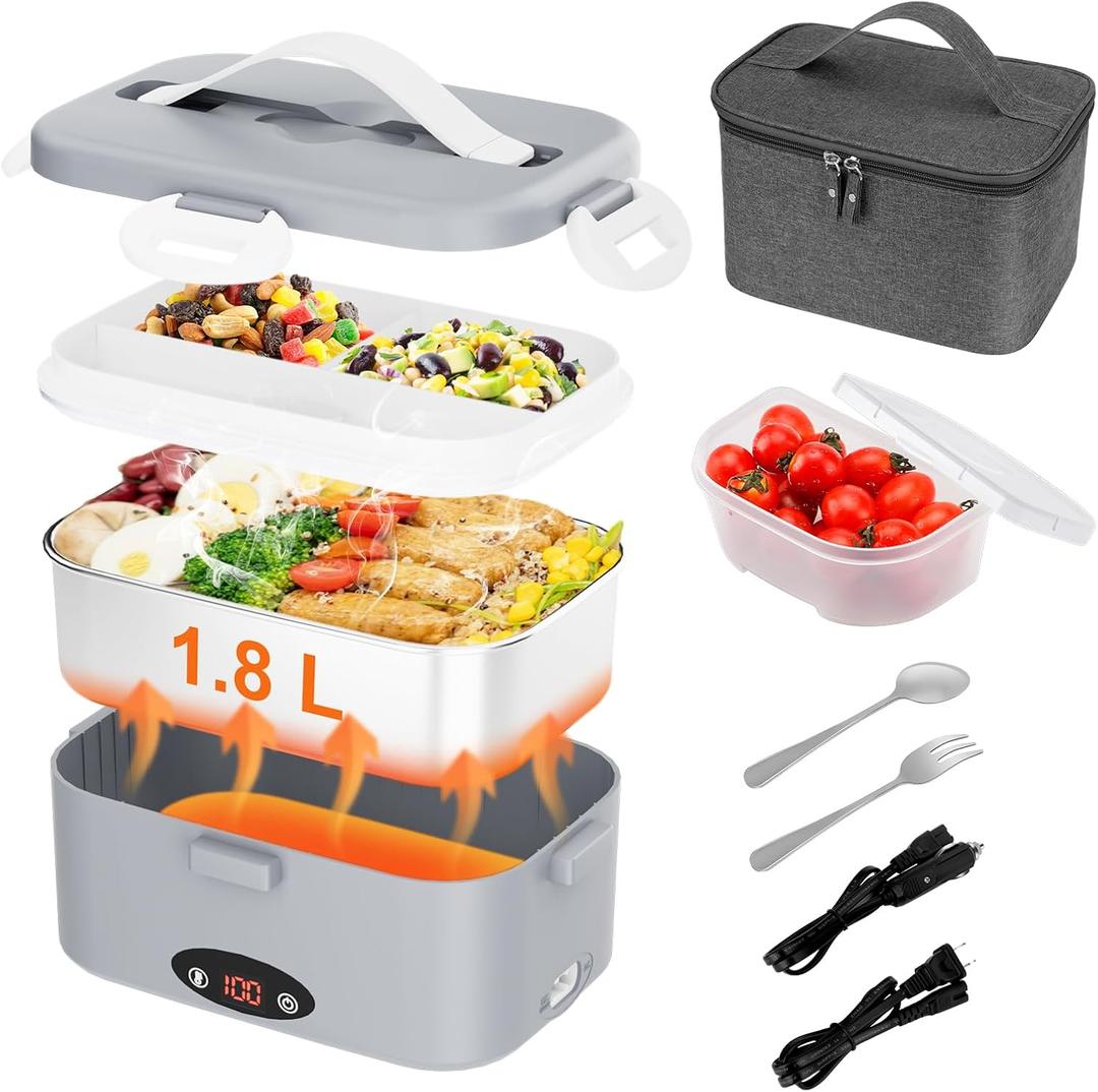 Electric Lunch Box with 3 Temperature Levels, 100W Fast Heating heated lunch box, 12V/24V/110V 1.8L Portable Food Warmer for Office, Car, and Truck, Includes Upgraded Bag & Extra CompartmentsGrey (Gray)