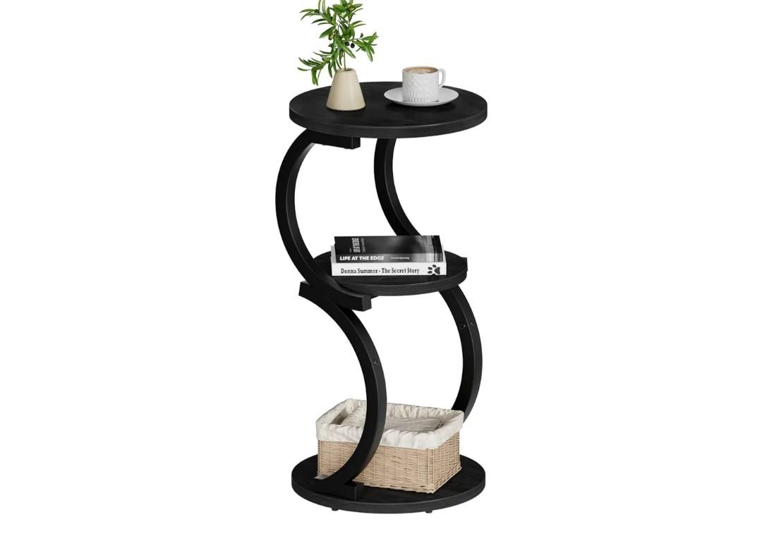 JUSTOGO Small Round Side Table, 3-Tier End Table for Living Room, Vintage Nightstand for Small Spaces Sofa Couch Corner Bedside Bedroom, S-Shaped Wood Accent Table Matel Coffee Table, Black