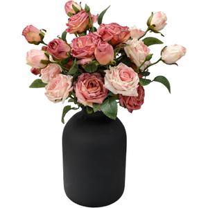 Artificial Flowers with Vase, 15 Heads Silk Roses, Flowers for Centerpieces, Matte Black Metal Vase, Modern Farmhouse Decor, Tabletop Decorations for Party, House Stuff for New Home, 8.6"