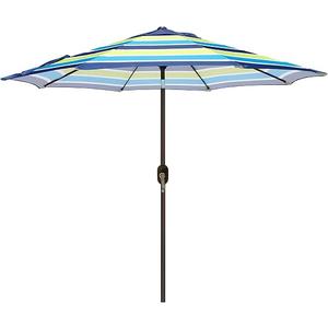 Blissun 9' Outdoor Patio Umbrella, Outdoor Table Umbrella, Yard Umbrella, Market Umbrella with 8 Sturdy Ribs, Push Button Tilt and Crank, Blue & Green Stripe