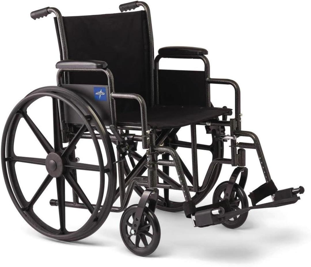 Medline Comfortable Folding Wheelchair with Swing-Back Desk-Length Arms and Swing-Away Footrests, 16”W x 16”D Seat