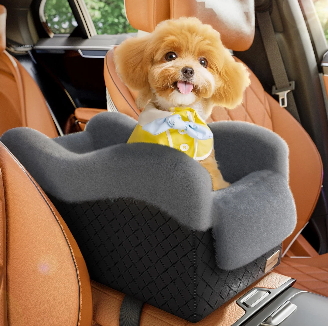 Mavora Max Portable Small Dog Seat for Car, Luxury Center Console Dog Car Seat Booster with Safety Tethers, AntiCollapse Pet Travel Carseat for SUV, Truck (Black/Grey)