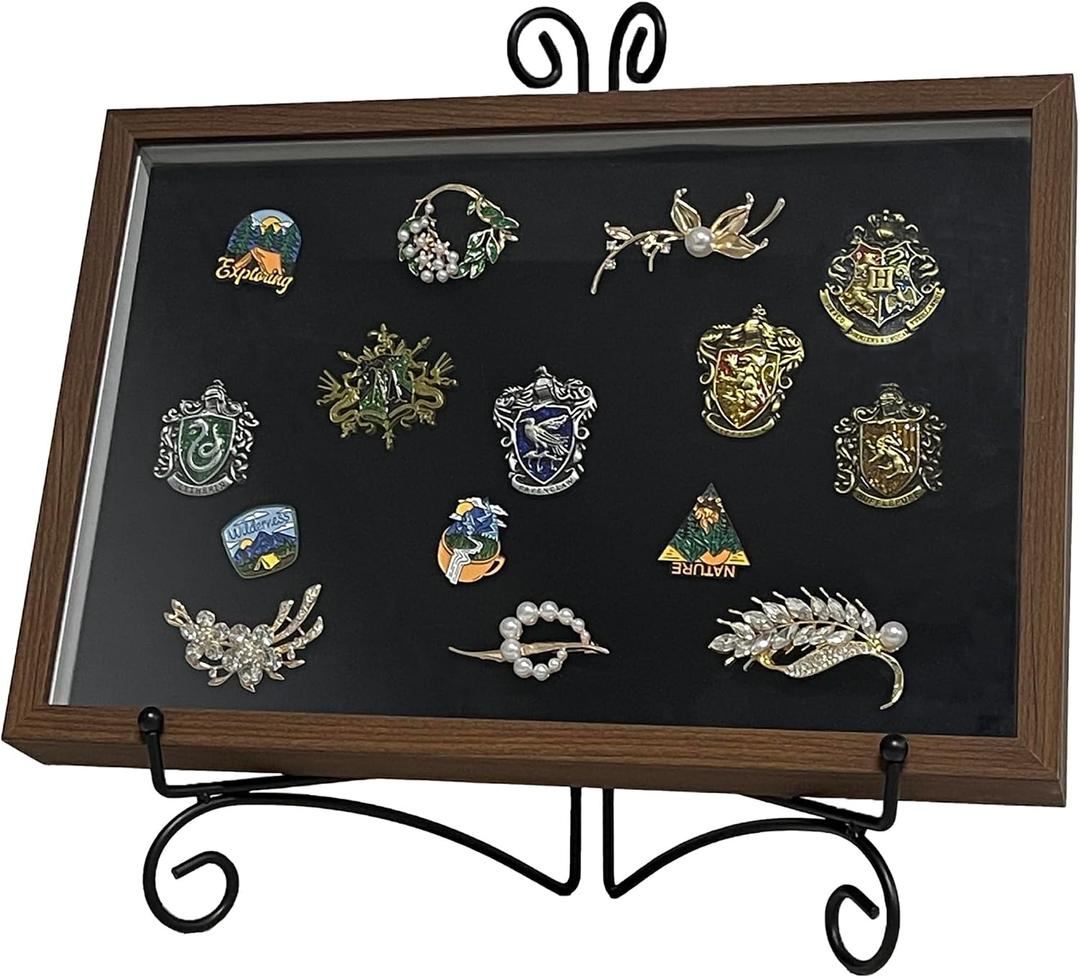 Shadow Box Pin Display Case with Tabletop Display Stand for Medal & Jewelry Pin Collection, Wall Mounted or Desktop Display Box with Sliding Acrylic Door, 12.6 x 8.7 x 1.26 inches, Brown Wood Frame
