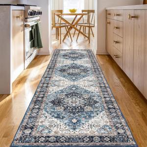 Runner Rug 28, Vintage Boho Rug,Ultra-Soft Low Pile, Washable, Non Slip,Stain Resistant Printed Carpet for Hallway Kitchen Living Room Bedrooms Playroom Office, Blue/Navy