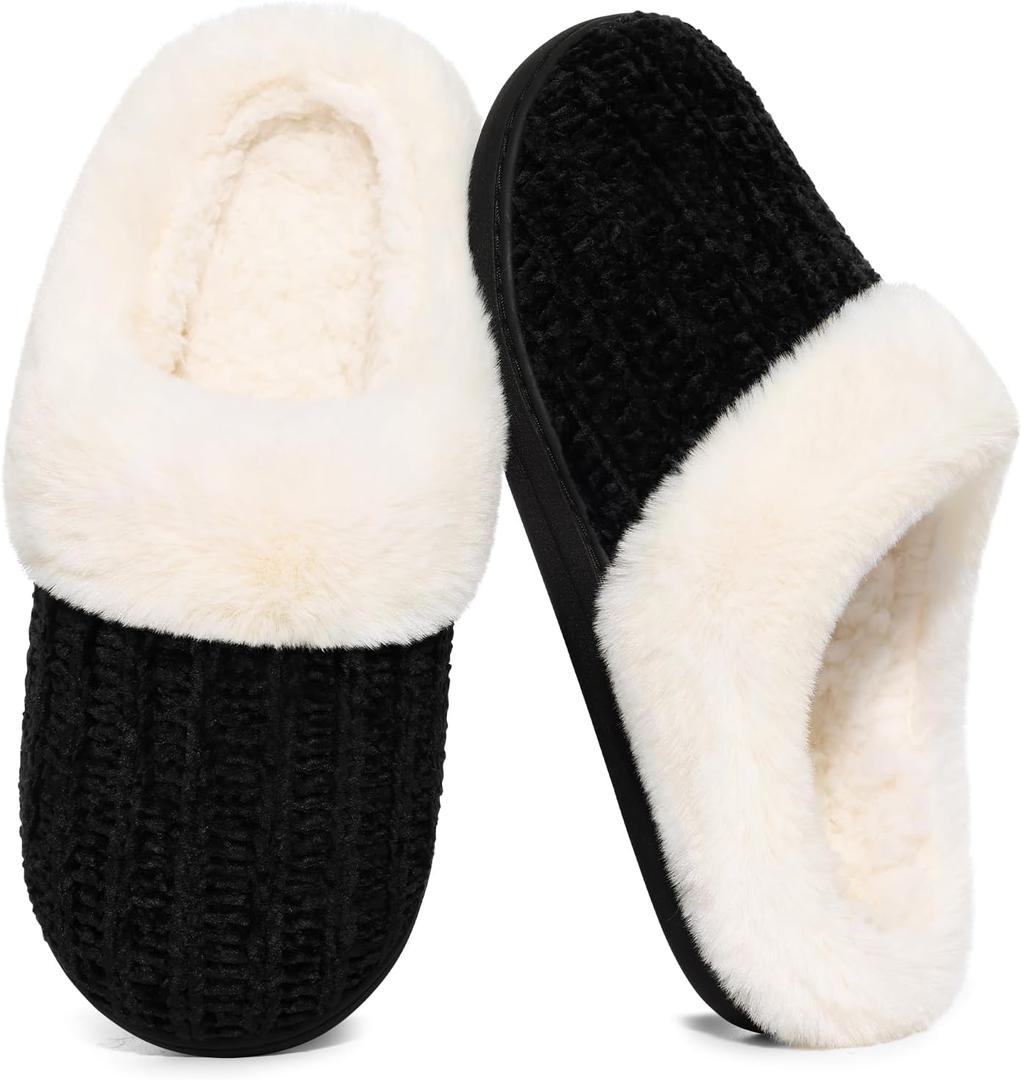 Evshine Warm Knit House Slippers for Women Comfy Wool-Like Lined Chenille Slippers with Memory Foam and Indoor Outdoor Soles (8-8.5, Black)