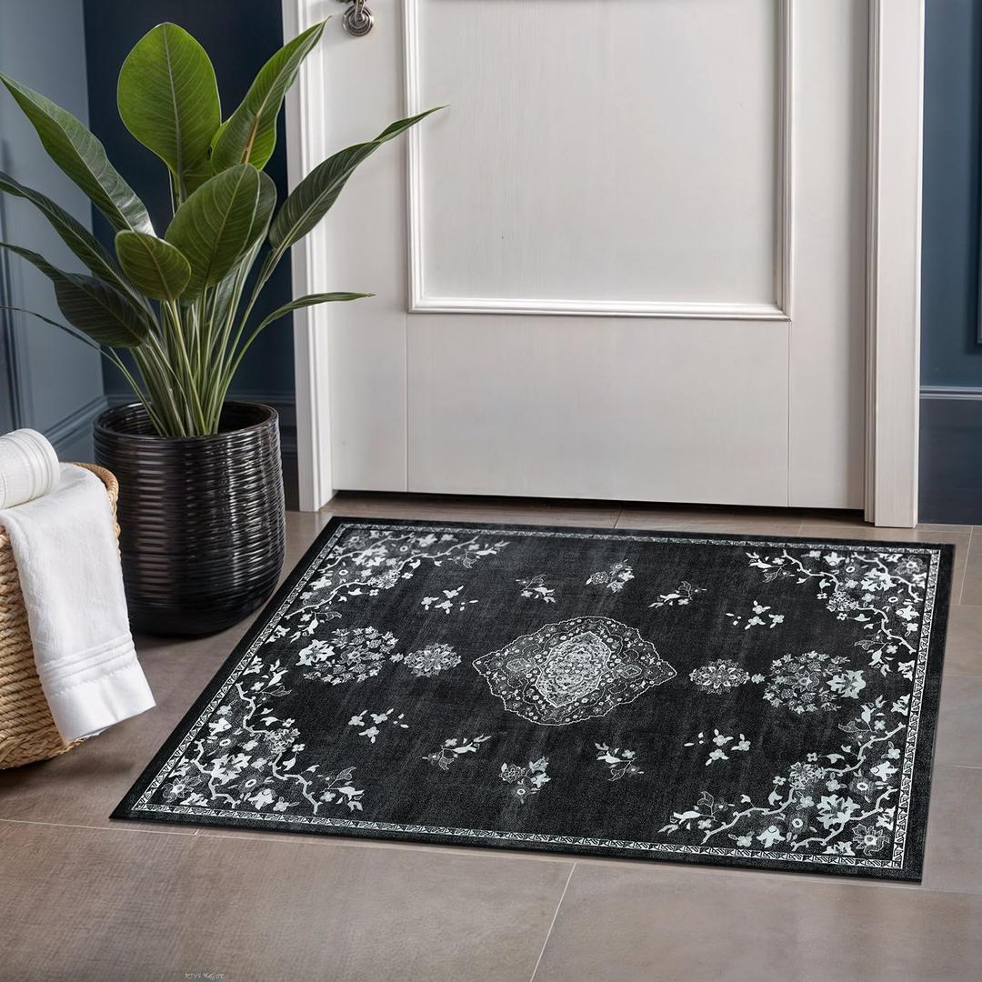 Beverly Rug Non Slip Rugs 2x3 Boho Medallion Floral Non Skid Rubber Backing Easy Silk Soft Entryway Rug for Living Room Easy to Clean Non Shedding Kitchen Bedroom Indoor Carpet (2 x 3 Black - White)