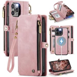 Defencase for iPhone 14 Pro Magnetic Wallet Case Compatible with Magsafe with RFID Blocking Zipper Strap Card Holder for Women, PU Leather Detachable Phone Case for iPhone 14 Pro (6.1 inch), Rose Pink