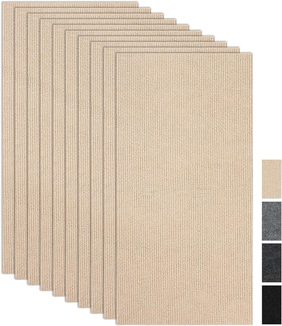 CUCOS 10Pcs Carpet Tiles Peel and Stick, 12"x 24" Thin Floor Adhesive Tiles Mat, Rectangular Carpet Non-Slip Tiles, Waterproof Carpet for Living Room Bedroom Khaki