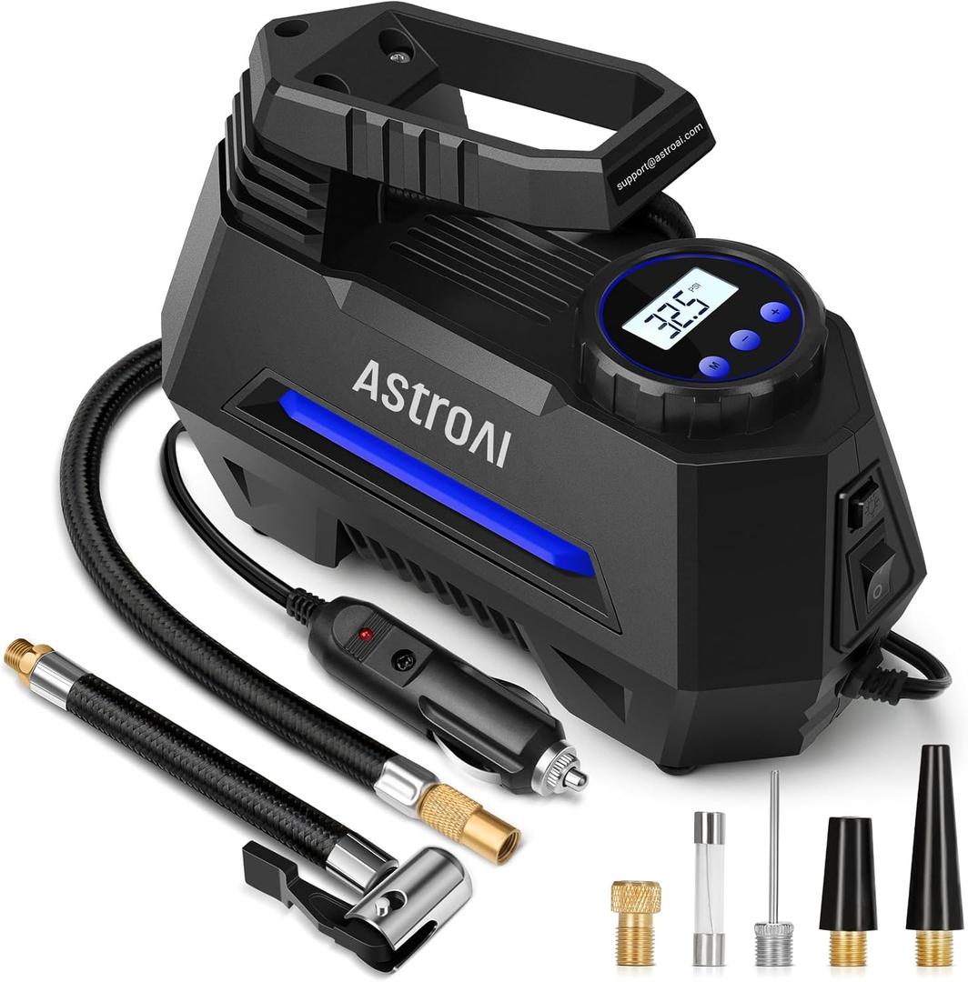 AstroAI Tire Inflator Portable Air Compressor Air Pump for Car Tires-Car Accessories, 9.8Ft Cord-12V DC-Powered Auto Pump with Digital Pressure Gauge, Emergency LED Light for Bicycle, Balloons, Blue (Large)