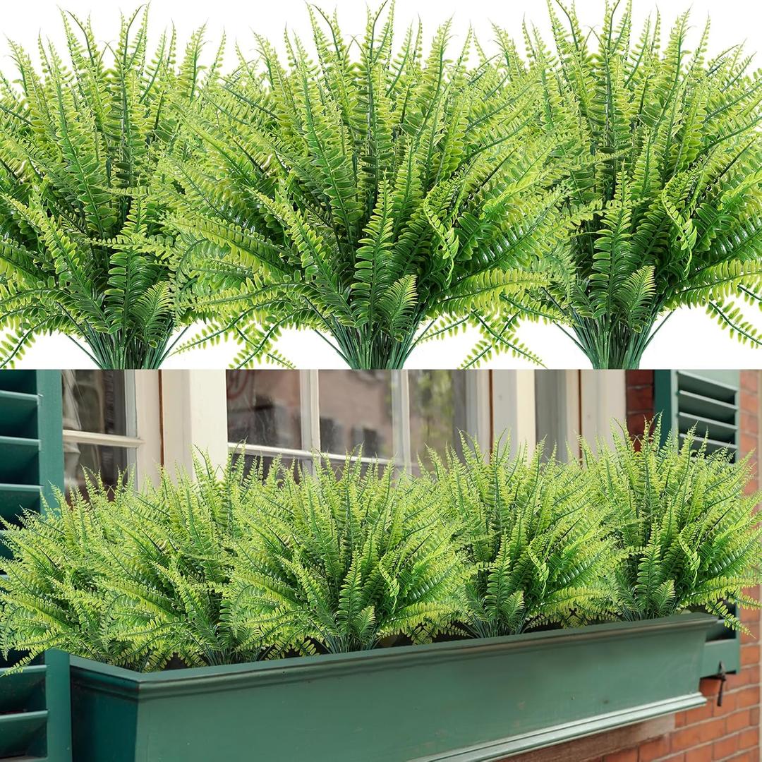 ZEOSTARO 12 Bundles Artificial Plants, Fake Boston Fern Greenery Outdoor UV Resistant No Fade Faux Plastic Plants Garden Porch Window Box Decorating