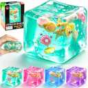 1Pc Ice Cube Squishy Stress Balls,Slow Rising Sensory Fidget Toy with Marine Shells Inside Square Soft Sensory Anxiety Relief Squeeze Cube for Adults Teens Kids(Green)