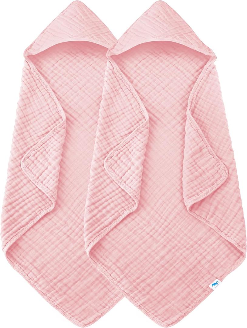 SWEET DOLPHIN Muslin Hooded Baby Bath Towels - 2 Pack 100% Cotton Towel for Babies, Infants, Toddlers - 32x32Inch - Highly Absorbent and Newborn Essential, Pink