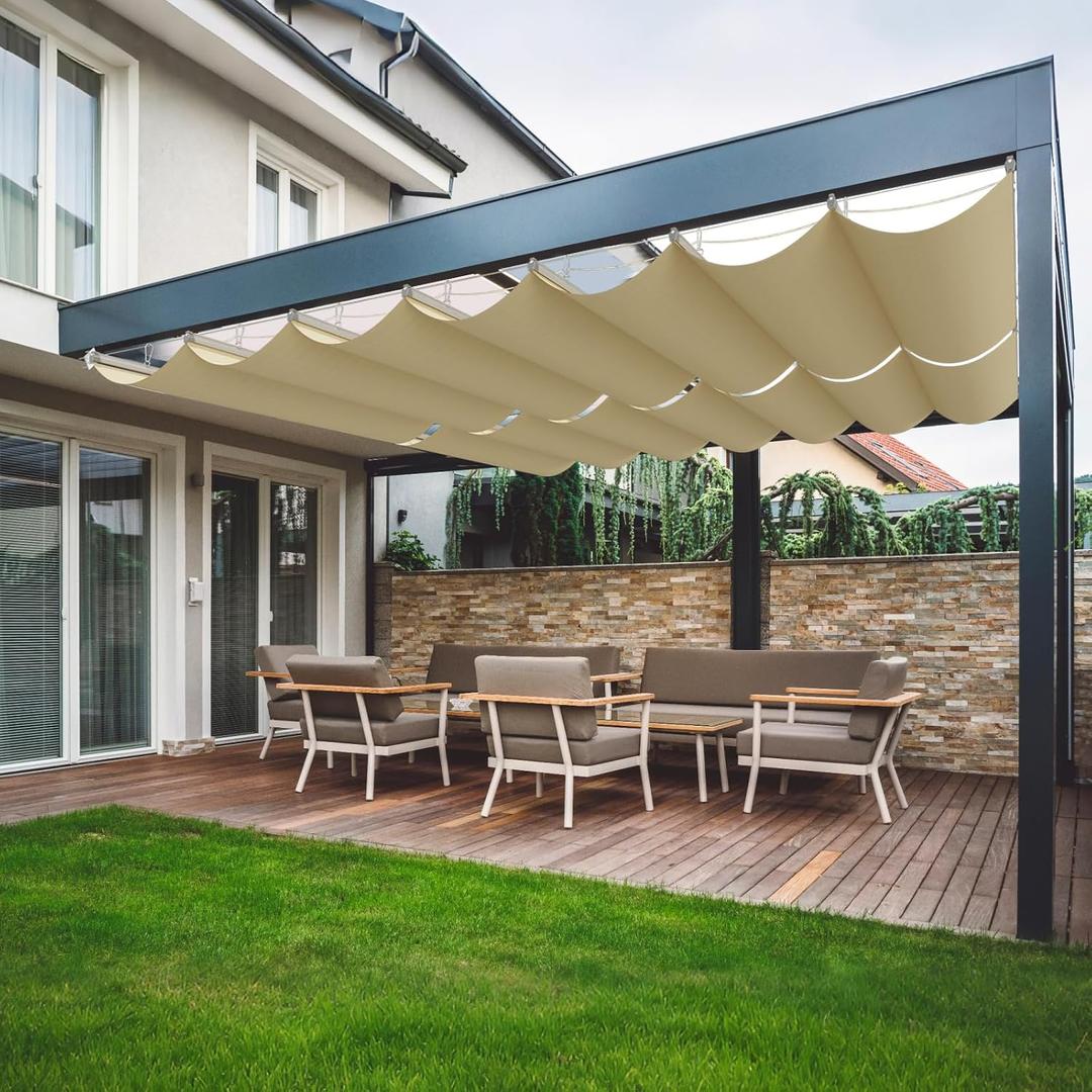 4.5'W X 18'L Retractable Awnings for Patio, Pergola Sliding Shade Cover high-Density Polyethylene Fabric, Wave Shade sail for Deck Garden Backyard Deck Trellis, Beige
