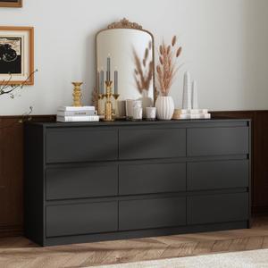 Hitow Dresser for Bedroom with 9 Deep Drawers, Large Modern Chest of Drawers Handle Free, Freestanding Black Long Dressers for Closet Living Room, Ball Bearing Slide (63" W x 15.7" D x 31.5" H)