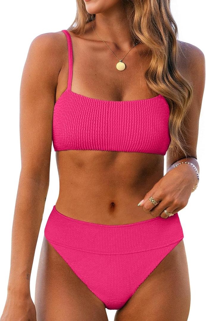 ANRABESS Womens Bikini Sets, High Waist Tummy Control Swimsuits,Ribbed Textured 2 Piece Bathing Suits,Cheeky Beach Swimwear (Medium, Hot Pink)