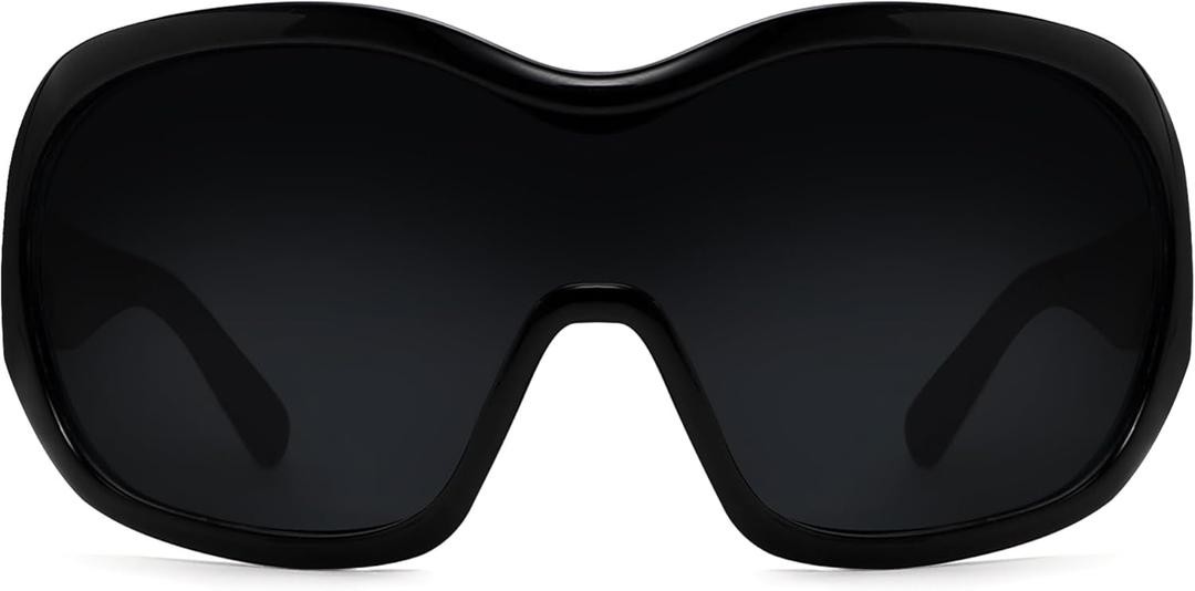 Oversized Trendy Wrap Around Sunglasses for Women Men - Cool Concert shades 2000s Retro Round Big Shield Glasses (Black)