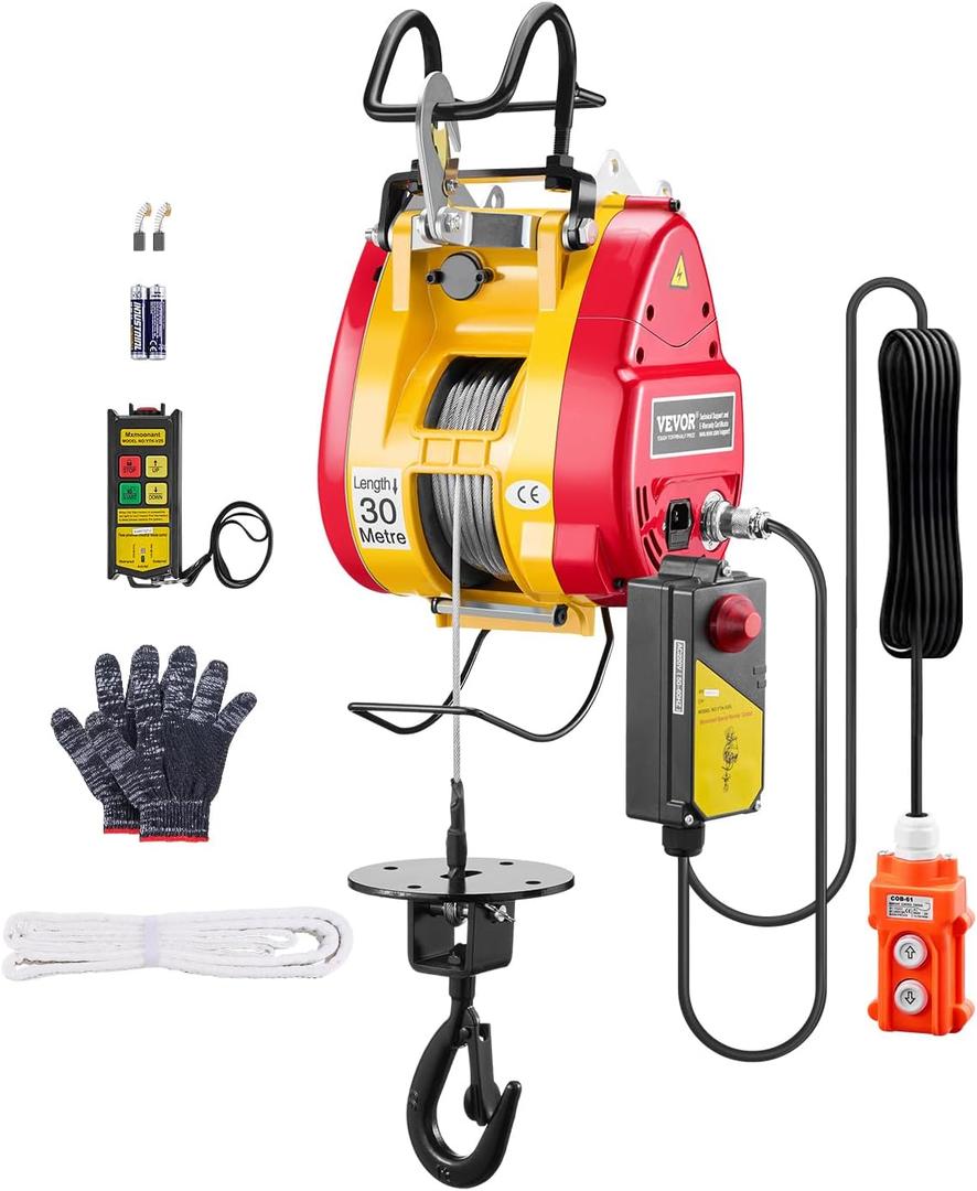 VEVOR 2-in-1 Electric Hoist Winch, 1100 lbs Capacity, 1800W Portable Power Winch, 98 ft Lifting Height, 36 ft/min with Wire and Wireless Remote Control, for Garage, Warehouse, Factory Lifting Towing