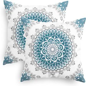 CaliTime Throw Pillow Covers Pack of 2 Cozy Fleece Mandala Dahlia Floral Medallion Compass Style Cushion Cases for Couch Bed Sofa Farmhouse Decoration 18 X 18 Inches Teal Grey
