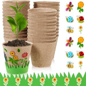 Gueevin 50 Pack Garden Paper Pot Craft Kit Flower Plant Spring Craft Including Peat Plant Pots Adhesive Foam Stickers Pot Stickers EVA Grass for DIY Flower Planting Growing