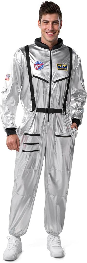 Spooktacular Creations Halloween Astronaut Costume Men, Silver Space Suit Spaceman Jumpsuit Pilot Outfit for Cosplay Parties, Medium