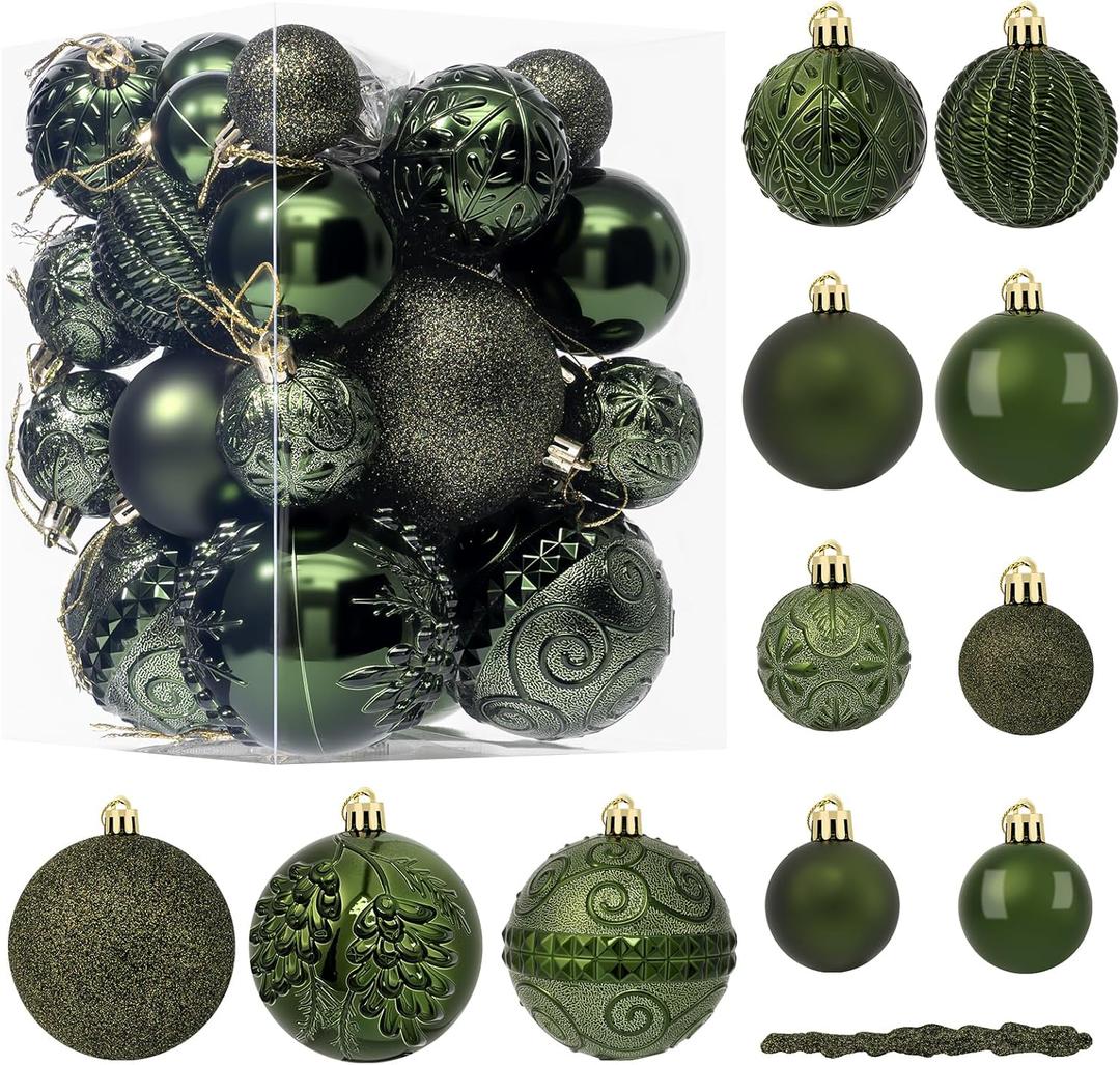 41PCS Dark Green Christmas Ornaments Set - Shatterproof Christmas Tree Ornaments with Icicle for Holiday Party - Vintage Xmas Decorations in 4 Sizes