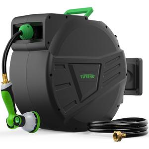 Tuyeho Retractable Garden Hose Reel 100FT, Wall Mount Heavy Duty Water Hose Reels with Automatic Slow Rewind System, Outdoor Hoses Reel with 2 Hose Nozzles for Garden Watering, Car Wash, Pet Shower