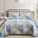 Dintszyayue King Size Quilt, 3 Pieces Patchwork Blue Yellow Bedspread Bedding, Soft Lightweight Microfiber Geometric Coverlet Set for All Spring Quilt with 2 Pillowcases104 x90