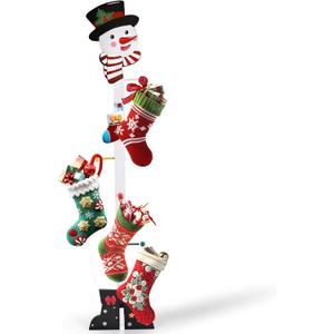 Dlerom 50 Inch Christmas Stocking Holder Wooden Freestanding Stand with Santa Claus Snowman Hat and 5 Removable Hooks Decor for Floor Fireplace Mantle Scarf Belt Hat Purse Tie