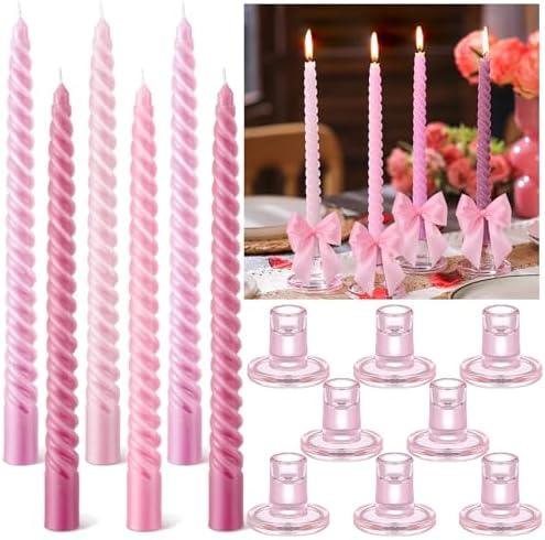 Teenyyou 16 Set 10 Inch Valentine Galentines Pink Spiral Taper Candle Set Including 8 Pcs Coquette Candles Party Supplies and 8 Pcs Coquette Bow Glass Candlestick Holders for Valentines Dinner Wedding